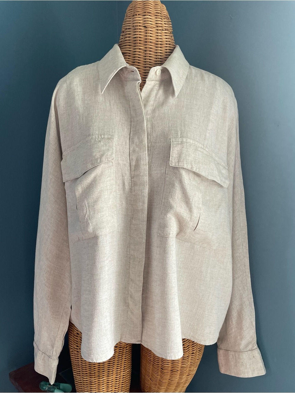 Banana Republic Linen Blend Boxy Utility Shirt Dial Pockets Dolman Sleeve Large